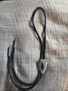 Black Leather Bolo Tie with Silver Shield Accent